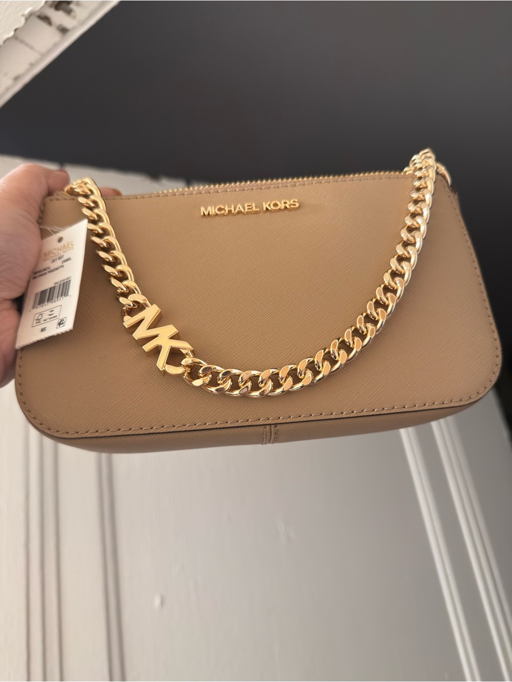 Michael Kors Beige Tan Crossbody with Gold Chain MK Charm